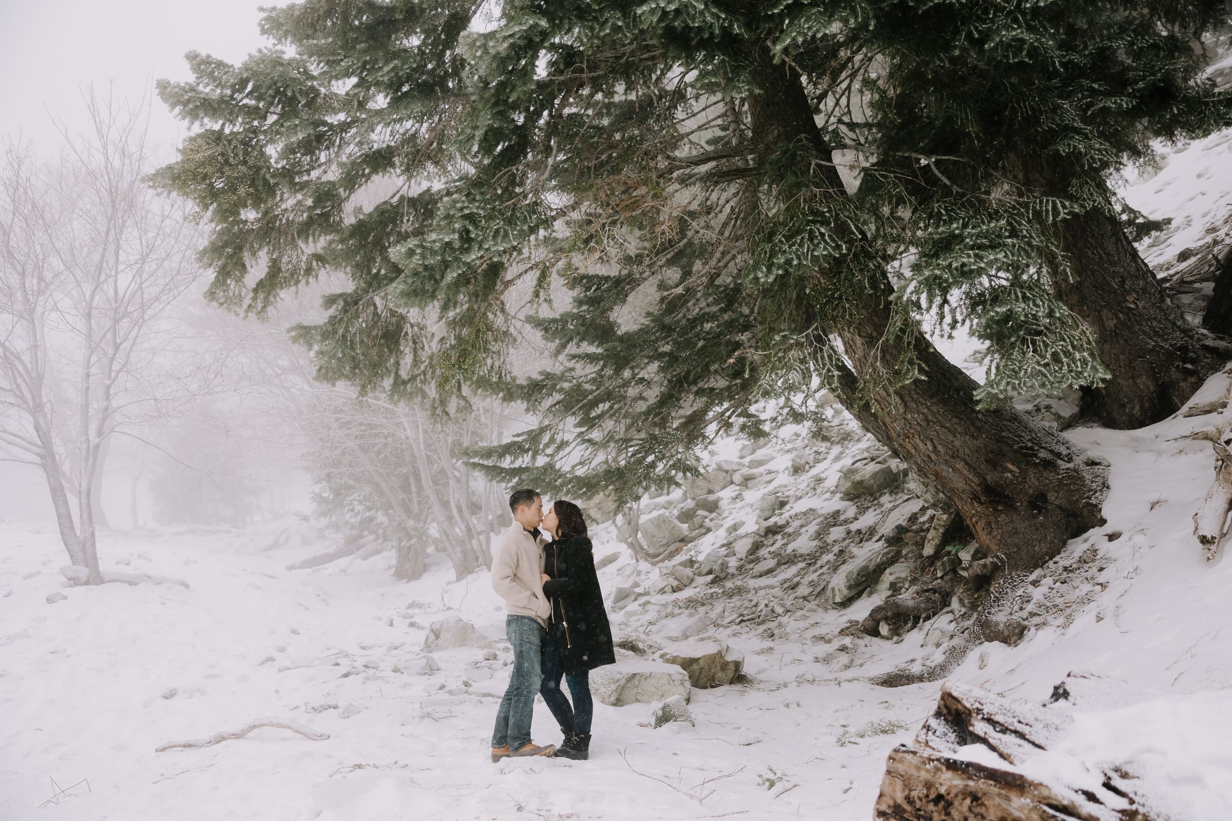 Nancy and Eric walking through a snow-covered forest during their snowy woodsy engagement session.