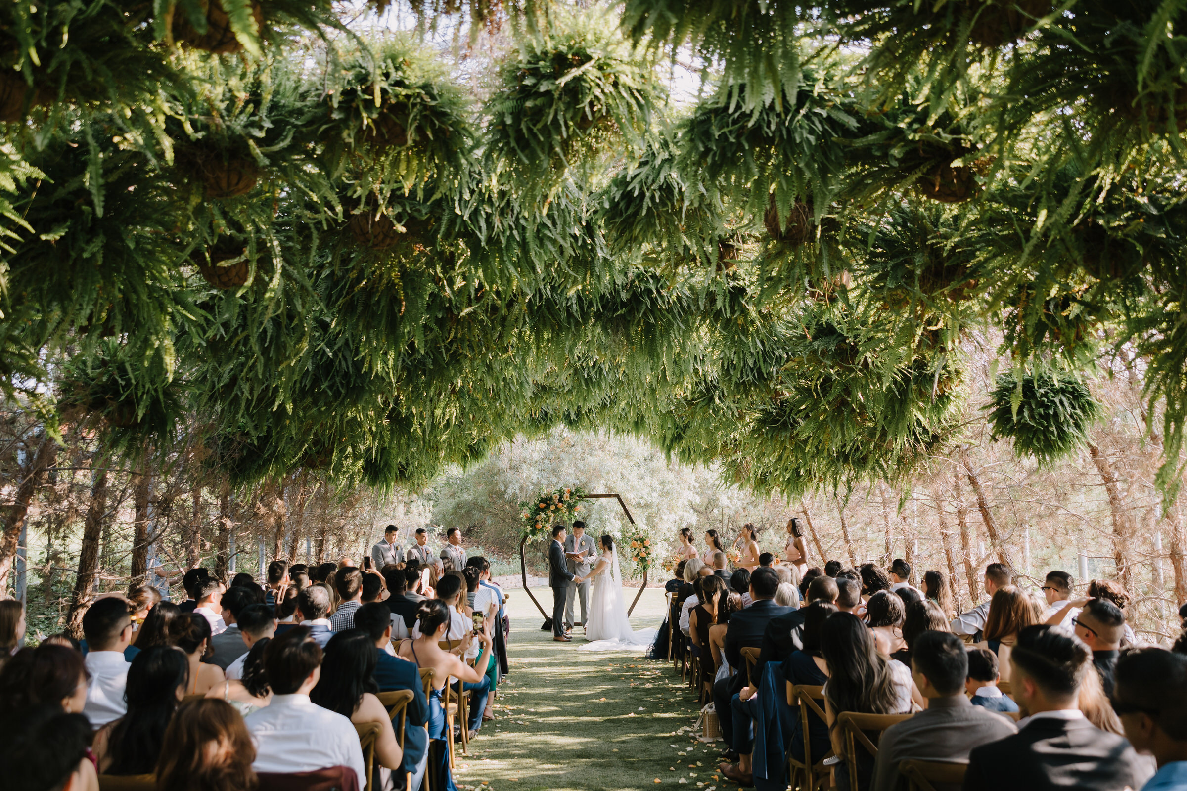 Annie and Jonathan sharing a romantic moment under the lush trees at their Ethereal Gardens wedding in Escondido.
