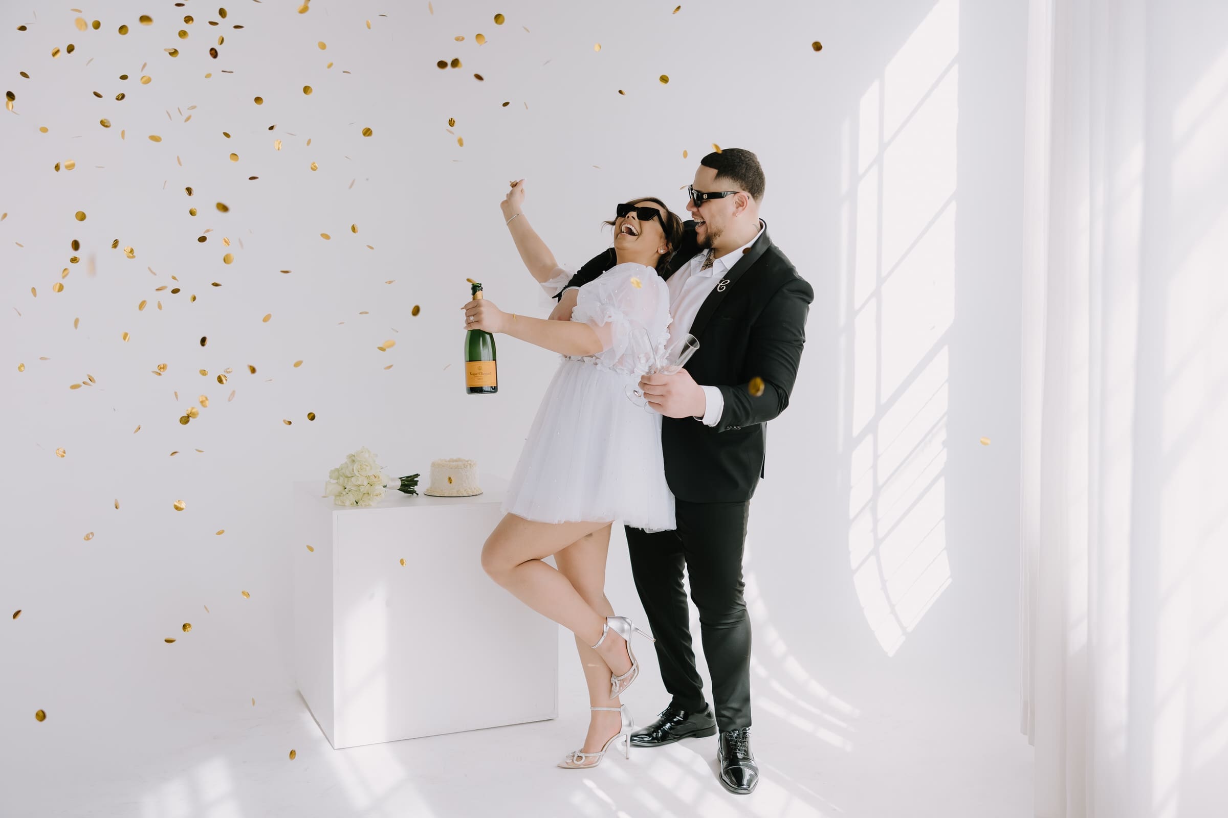 Formal studio engagement portraits in the DTLA Arts District.