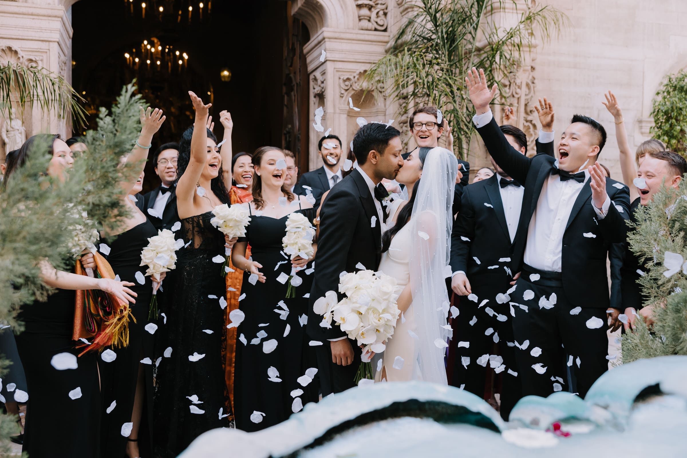 Bride Yen and groom Vinay during their elegant black-tie wedding at the Mission Inn Riverside.