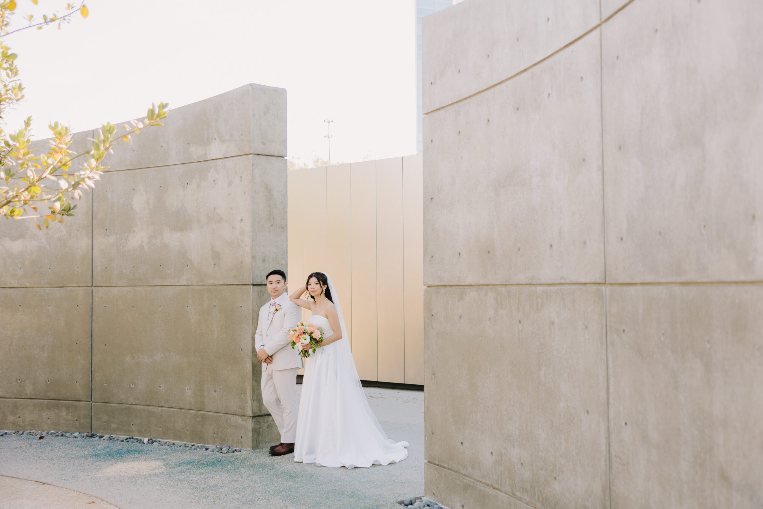 Bride and groom sharing a moment inside Christ Cathedral in Garden Grove during their wedding day